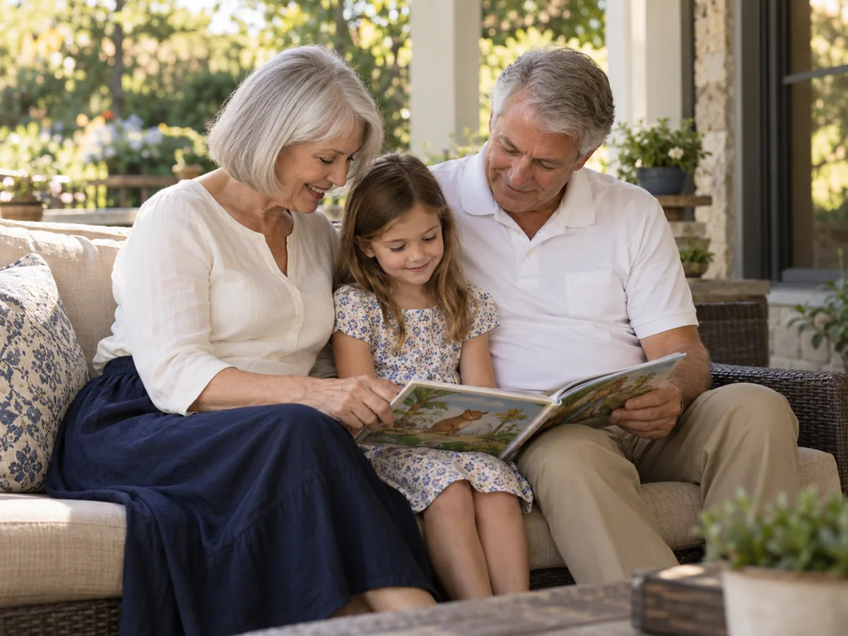 Grandparents reading a picture book with their granddaughter