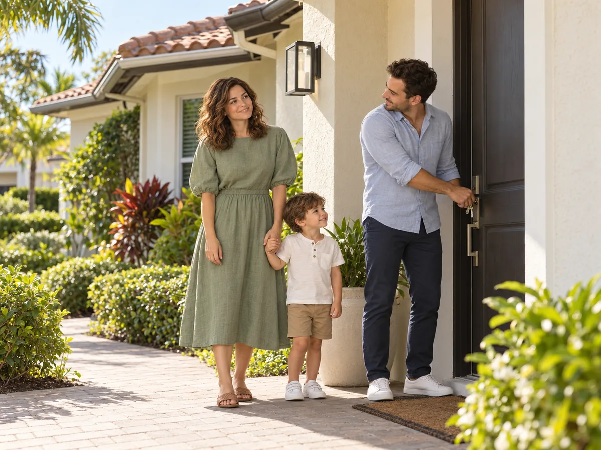 A family arriving home at the front door of their Florida house